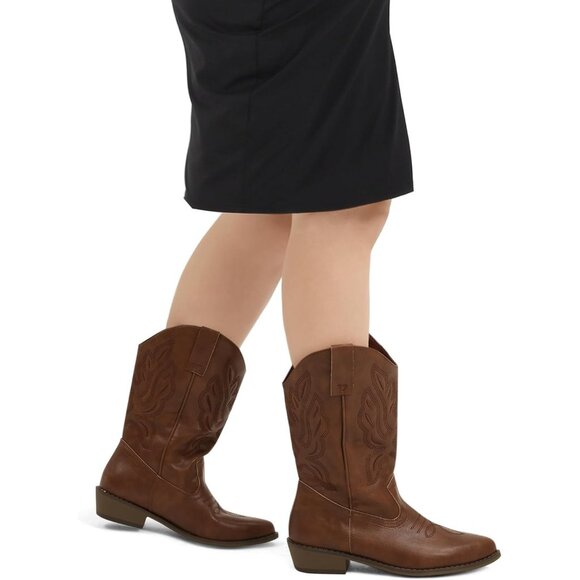 mysoft Women's Solid Brown Women's  Western Cowboy Boots Mid Calf Pointed Toe - Picture 3 of 6